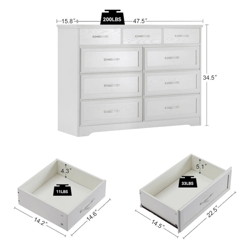 Commode noire/blanche à 9 tiroirs, style fermier, pour 1 personne