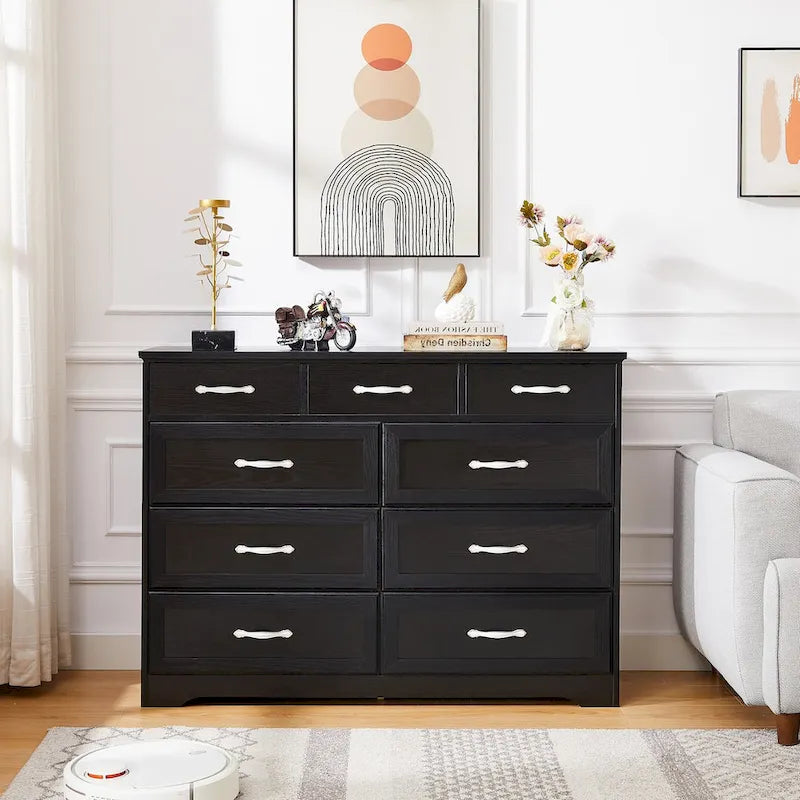 Commode noire/blanche à 9 tiroirs, style fermier, pour 1 personne