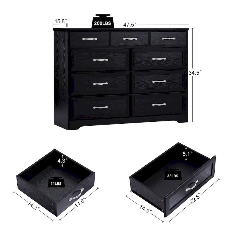 Commode noire/blanche à 9 tiroirs, style fermier, pour 1 personne