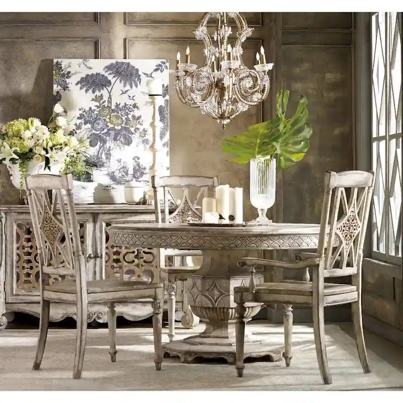 Table à manger ronde extensible blanche effet vieilli, 6 places