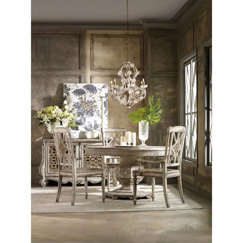 Table à manger ronde extensible blanche effet vieilli, 6 places