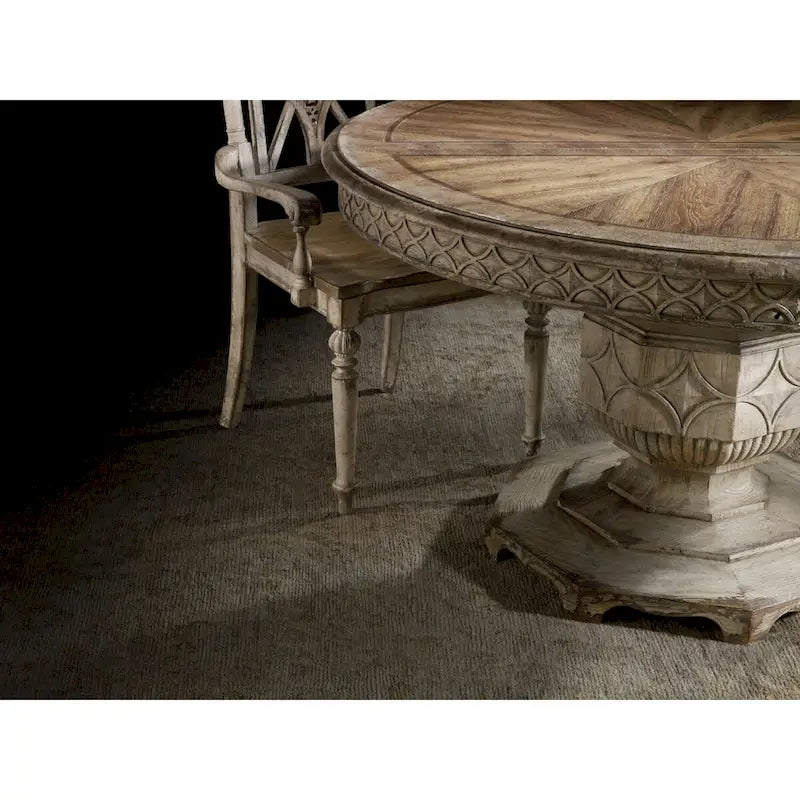 Table à manger ronde extensible blanche effet vieilli, 6 places
